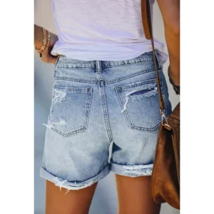 Ripped Faryed Hem Distressed Strectch Short Jeans