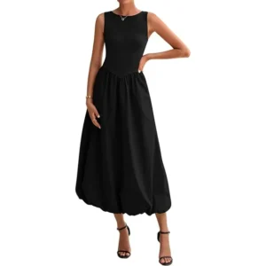 Women's Summer Casual Sleeveless Midi Dress Patchwork Knit Tank Bubble Long Flowy Beach Maxi Sundress