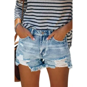 Denim High Waist Shorts with Pockets Blue