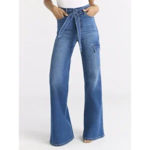 Wide Leg High Rise Cargo Jeans with Belt