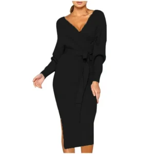 Fashion Knitted Long Sleeve V-Neck Hip Wrap Warm Sweater Dress