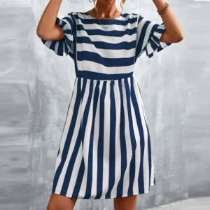 Striped Knee Length Sun Dress Pockets Long Boho Dresses