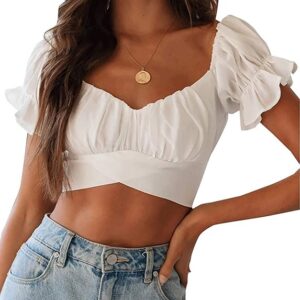 Short Sleeve Off Shoulder Tie Up Back Crop Blouse